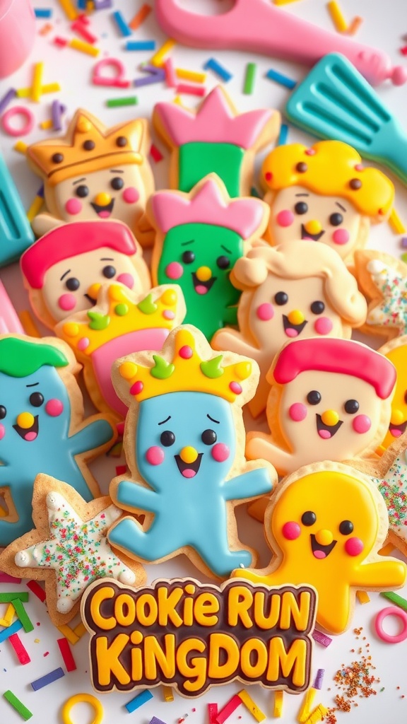 A variety of Cookie Run character cookies with colorful icing, displayed on a rustic wooden table.